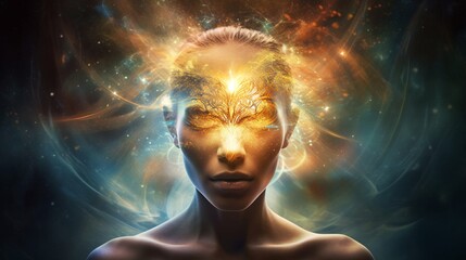 Fototapeta premium Awakening the Superpower Within: Vibrant Human Form Radiating Cosmic Consciousness Self-Discovery 