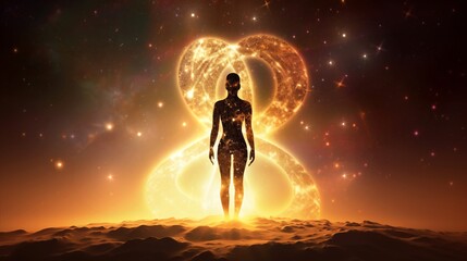 Unlocking Your Infinite Potential: Human Form Radiating Cosmic Light and Universal Wisdom, Awakening the Superpower Within: Radiating Cosmic Consciousness for Self-Discovery - obrazy, fototapety, plakaty
