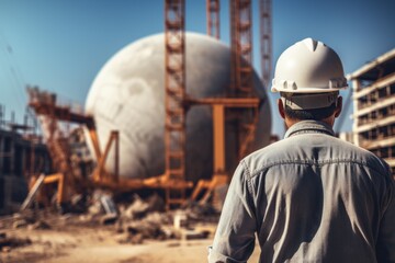 Civil Engineer hold hard hat background of concrete mixer and pump of cement.