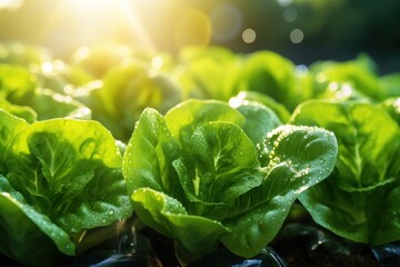 Closeup macro lettuce grown in greenhouse with drip irrigation hose system. - obrazy, fototapety, plakaty