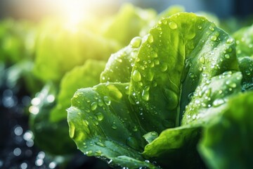 Closeup macro lettuce grown in greenhouse with drip irrigation hose system. - obrazy, fototapety, plakaty