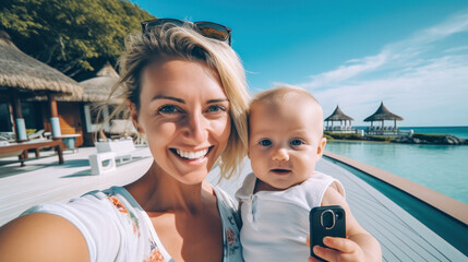 Fototapeta na wymiar Fun weekend alfresco. smiling active mother and daughter in beachwear in the seaside action cam taking selfie