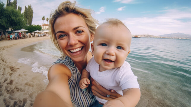 Fun weekend alfresco. smiling active mother and daughter in beachwear in the seaside action cam taking selfie