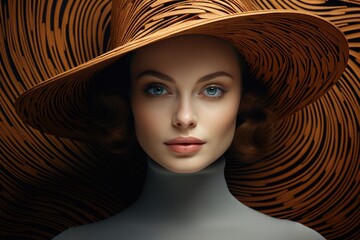 Beautiful woman in a stylish, golden-colored, large, beautiful hat with wide brims, close-up. Style, fashion and beauty concept