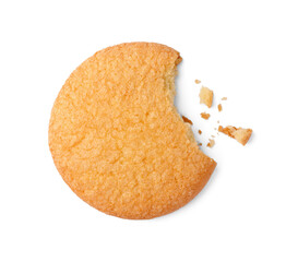 Bitten tasty Danish butter cookie isolated on white, top view