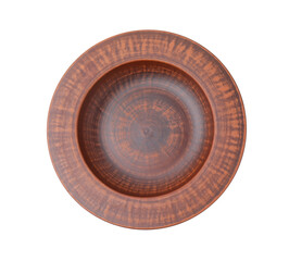 One clay bowl isolated on white, top view. Cooking utensil