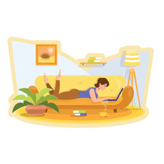 A girl lies on the couch at home and works remotely at her laptop. In the background there is a home interior with paintings and shelves with books. There is also a green plant in a pot and a large cu