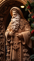 Fototapeta na wymiar Carved Wooden Santa Claus Figure with Staff and Christmas Decorations