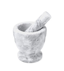 Marble mortar with pestle isolated on white. Cooking utensils