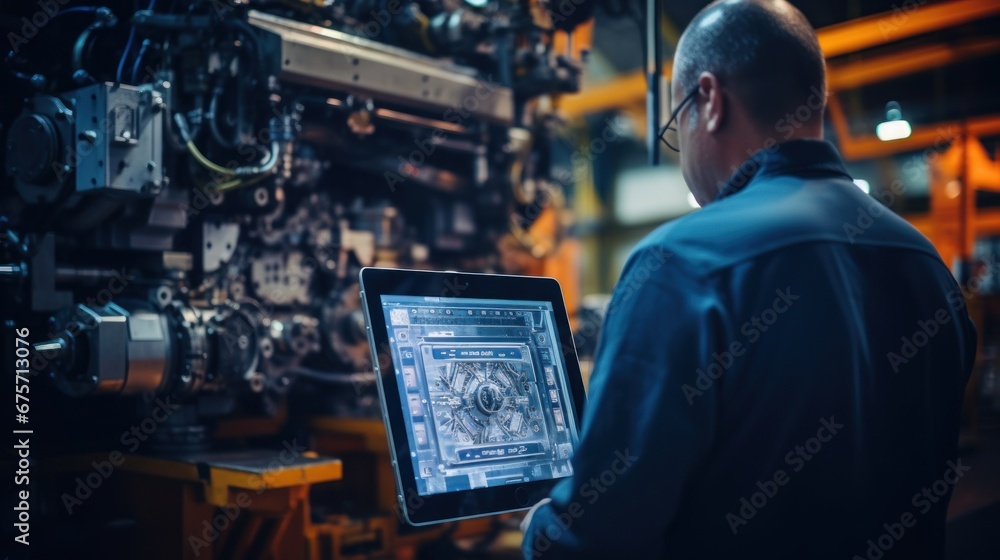 Poster control and setting of cnc equipment, engineer african industry work with tablet computer on modern 