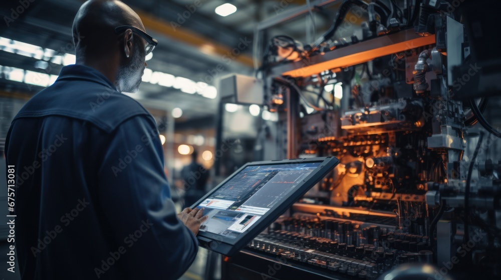 Poster control and setting of cnc equipment, engineer african industry work with tablet computer on modern 