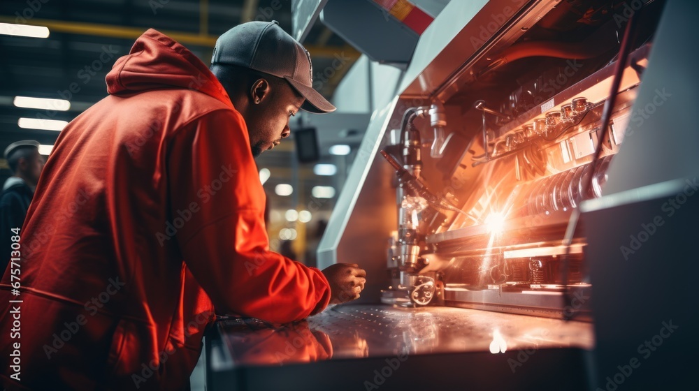 Poster control and setting of cnc equipment, engineer african industry work with tablet computer on modern 
