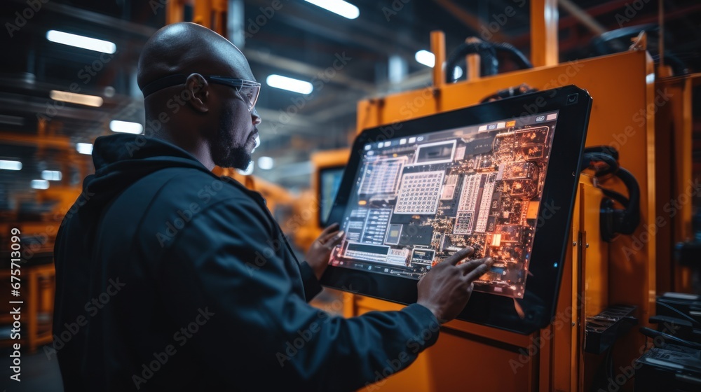 Poster control and setting of cnc equipment, engineer african industry work with tablet computer on modern 