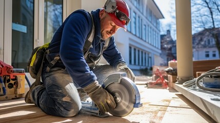 Construction worker cuts concrete floor for electrical cable, builder uses circular saw with diamond crown.