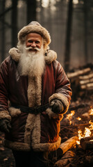 Traditional Santa Claus in Natural Setting with Fire in Background

