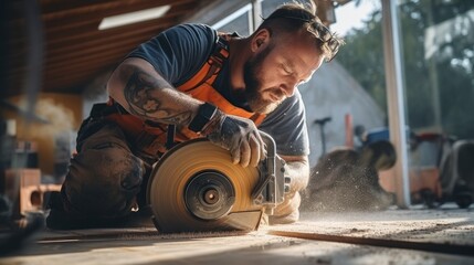 Construction worker cuts concrete floor for electrical cable, builder uses circular saw with diamond crown. - obrazy, fototapety, plakaty