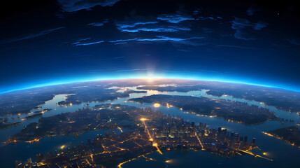 Panoramic view on planet Earth globe from space. Glowing city lights, light clouds