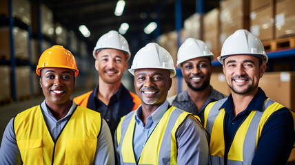 Portrait group of multicultural industry workers working in factory warehouse.