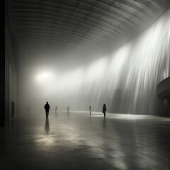 Silhouettes of visitors in a museum during some exhibition. Potential of AI. Light, shadows on the dark floor of the building. Rays of light. Design, interior, architecture