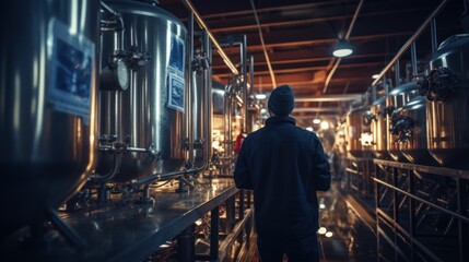 Factory worker inspecting production line with reservoirs or tanks with beer plant with computer...
