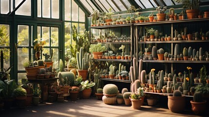 Garden shop, industrial greenhouse Various types of cacti in various pots - Powered by Adobe