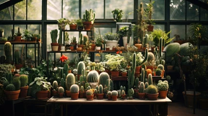 Papier Peint photo Cactus Garden shop, industrial greenhouse Various types of cacti in various pots