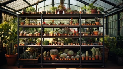 Garden shop, industrial greenhouse Various types of cacti in various pots - obrazy, fototapety, plakaty