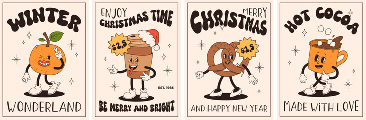 Funny Retro cartoon christmas Character in groovy 50s, 60s, 70s Vintage Style. Happy new year mascot with hot coffee, cocoa, gingerbread, cake, cupcake and cookie. Xmas vintage characters.