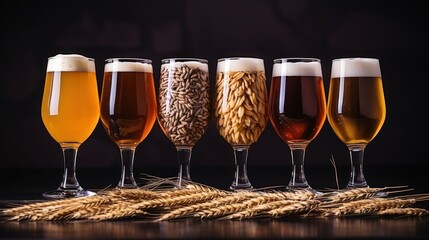 Glasses with various malted grain, wheat. - obrazy, fototapety, plakaty