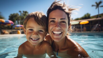 Happy coach woman and child in pool learning to swim for children