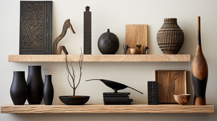Pretty African decorative objects stand on two shelves on the wall - obrazy, fototapety, plakaty