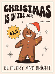 Funny Retro cartoon christmas Character in groovy funky 50s, 60s, 70s Vintage Style. Happy new year mascot with hot coffee, cocoa, gingerbread, cake, cupcake and cookie. Xmas vintage characters.