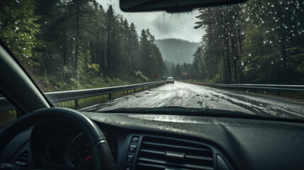 Interior shot of a car driving through the rain - obrazy, fototapety, plakaty