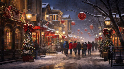 People walk through festively decorated streets at Christmas time