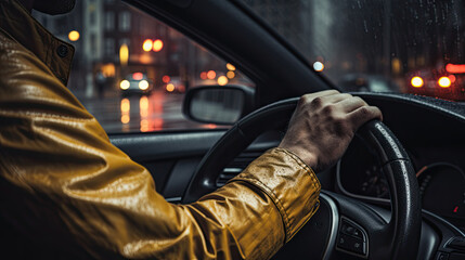 A driver drives his car through the rain