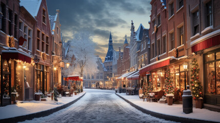 A cozy winter town decorated for Christmas - obrazy, fototapety, plakaty