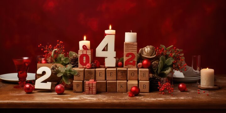 Wooden cubes arranged placed on a festive red textured table, creating a Christmas-themed arrangement. This composition combines the warmth of wood with the holiday spirit, offering a charming.