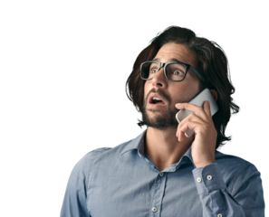 Phone call, shock and face of man with business, stress or wow news on isolated, transparent or png background. Smartphone, conversation or male entrepreneur panic for phishing, scam or hacker threat