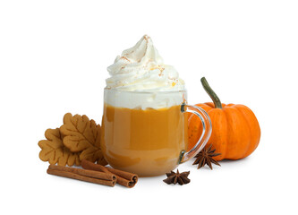 Cup of pumpkin spice latte with whipped cream, squash, cookies, anise and cinnamon sticks isolated...
