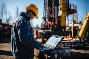 Operator use mobile tablet for control drilling rig for exploration of minerals for oil, gas and artisan water - obrazy, fototapety, plakaty