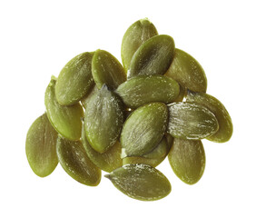 Pile of peeled pumpkin seeds isolated on white, top view