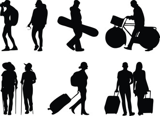 flat silhouettes of travelling people, transparent background, named and editable layers, closed paths