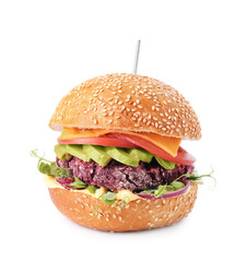 Tasty vegetarian burger with beet cutlet, cheese, avocado and tomato isolated on white