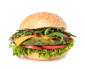 Tasty vegetarian burger with spinach cutlet, cheese and vegetables isolated on white