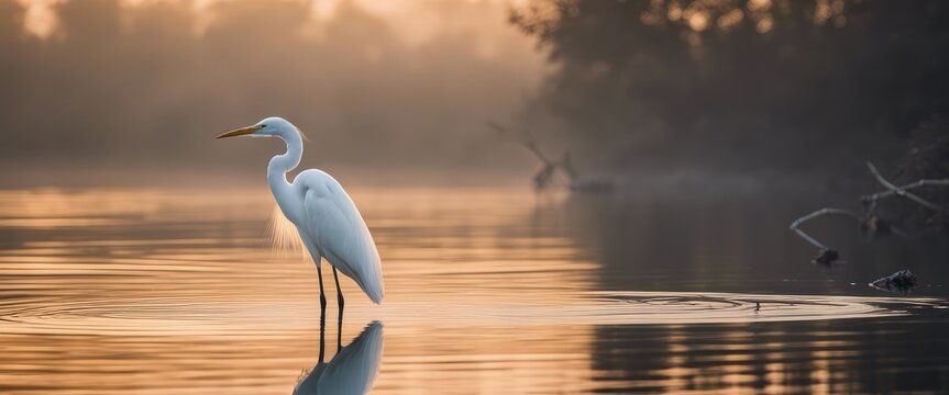 A great egret alongside its reflection in the water