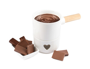 Fondue pot with melted chocolate and pieces of chocolate bar isolated on white