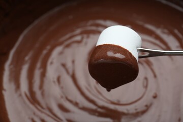 Marshmallow with melted chocolate on fork above fondue, closeup. Space for text