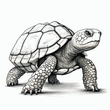 Illustration of minimalist hand-drawn outline drawing of a turtle, black and white 