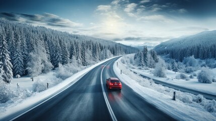 Red car driving on winding road through snowy forest, toning blue. - obrazy, fototapety, plakaty