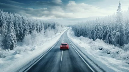 Tuinposter Red car driving on winding road through snowy forest, toning blue. © sirisakboakaew